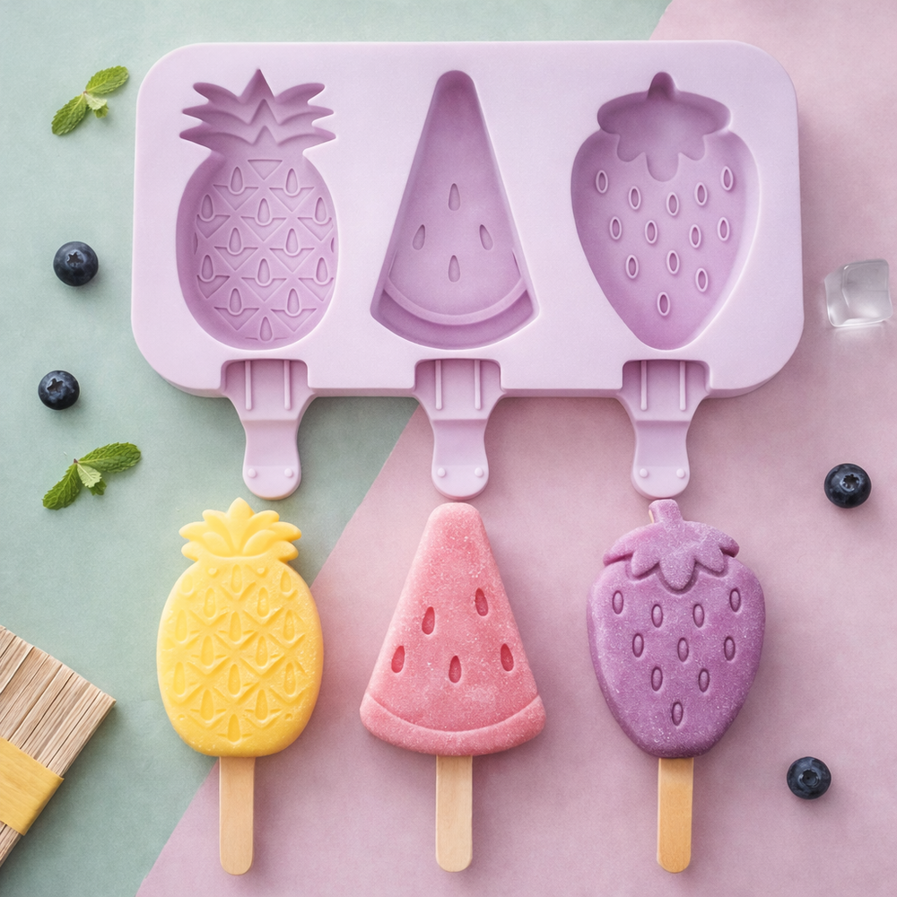 Molde Para Helado de Silicona x 3 Paletas Forma Frutas + 50 Palitos