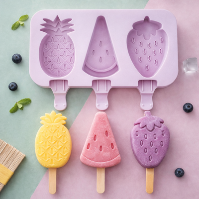 Molde Para Helado de Silicona x 3 Paletas Forma Frutas + 50 Palitos