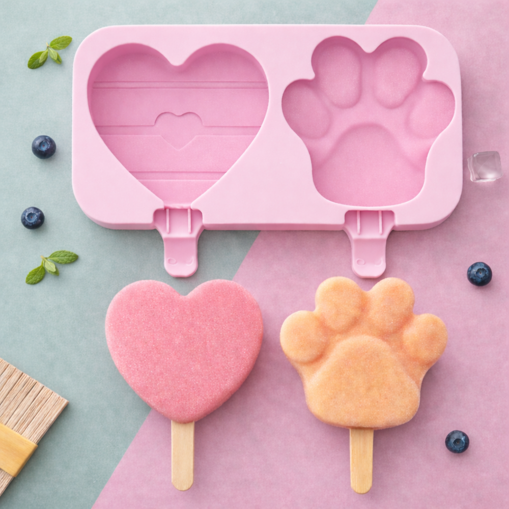 Molde Para Helado de Silicona x 2 Paletas Forma Corazon Gato+ 50 Palitos
