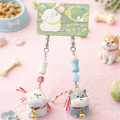 Colgante para Celular & Llavero Perrito Blanco y Gris x 2 Unidades